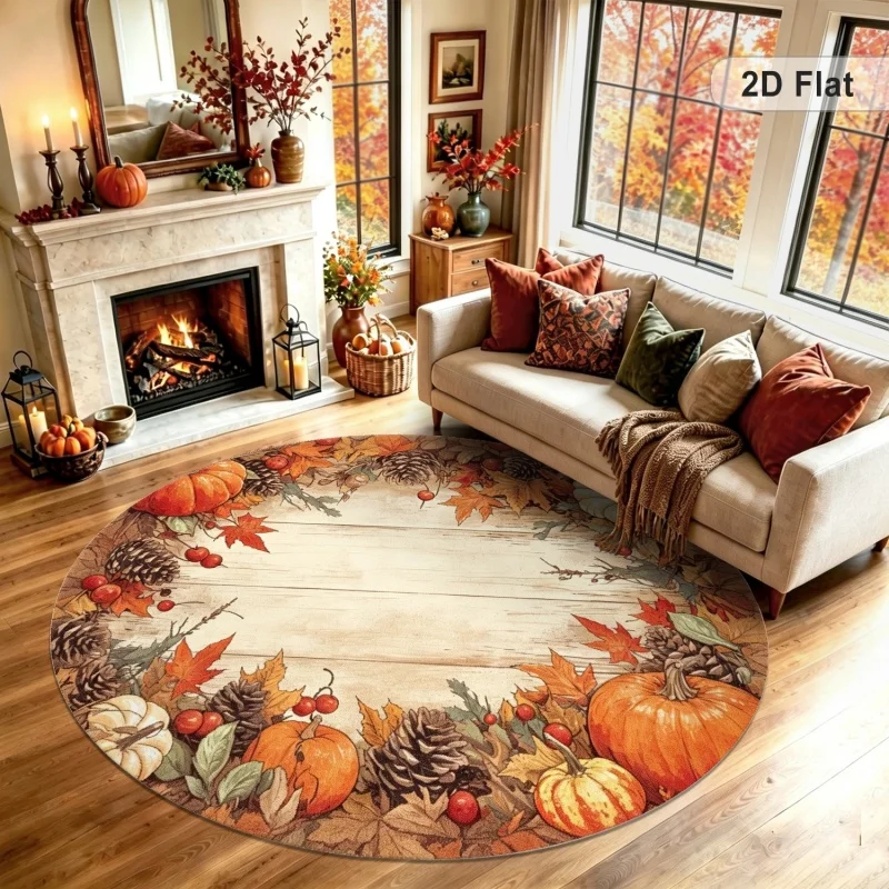 Rustic Wooden Background Fall Wreath Round Rug, Pumpkin Pine Cone Maple Leaf Printed Circular Floor Mat,Home Decor Carpet