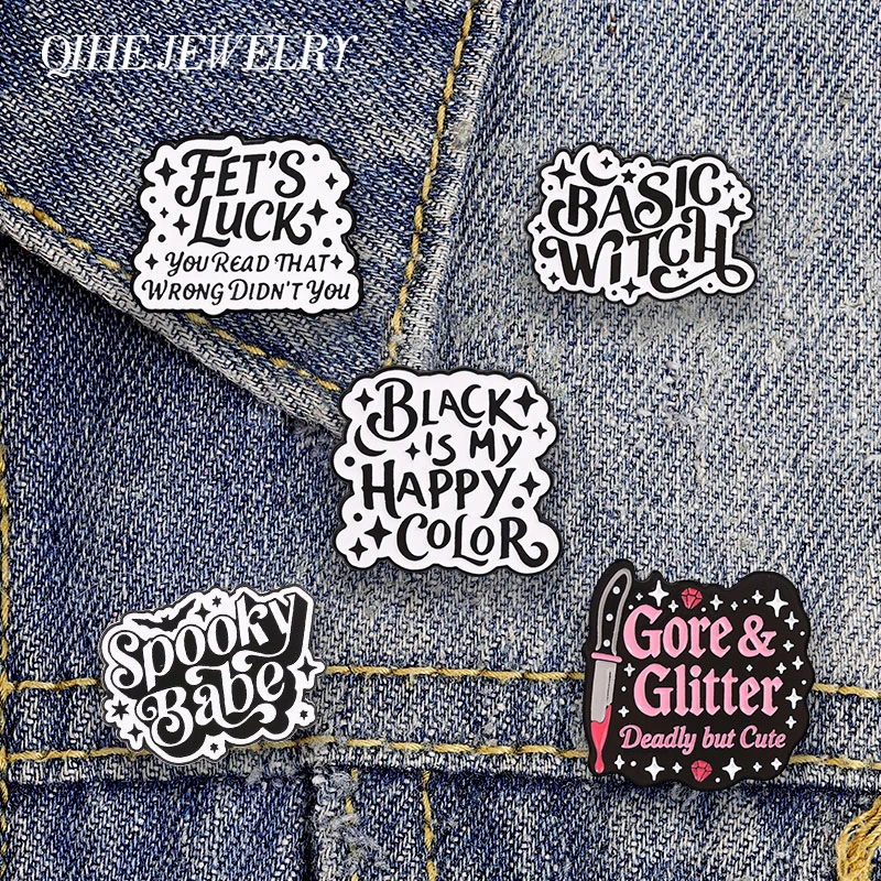 Gothic Witchy Text Spooky Babe Basic Witch Bat Badge Enamel Pin Punk Letter Gore & Glitter Brooch Lapel Bag Badge Jewelry Gifts