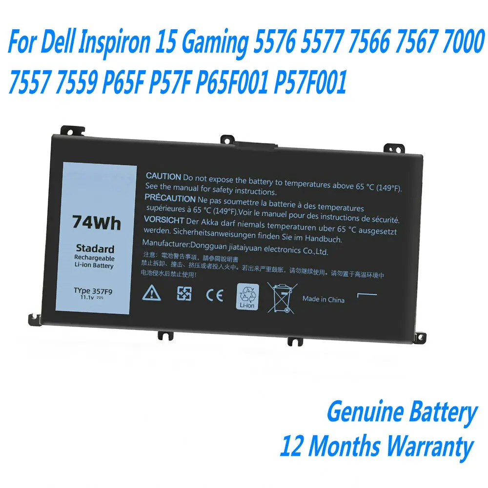 NEW 357F9 Laptop Battery For Dell Inspiron 15 Gaming 5576 5577 7566 7567 7000 7557 7559 P65F P57F P65F001 P57F001 11.4V 74Wh