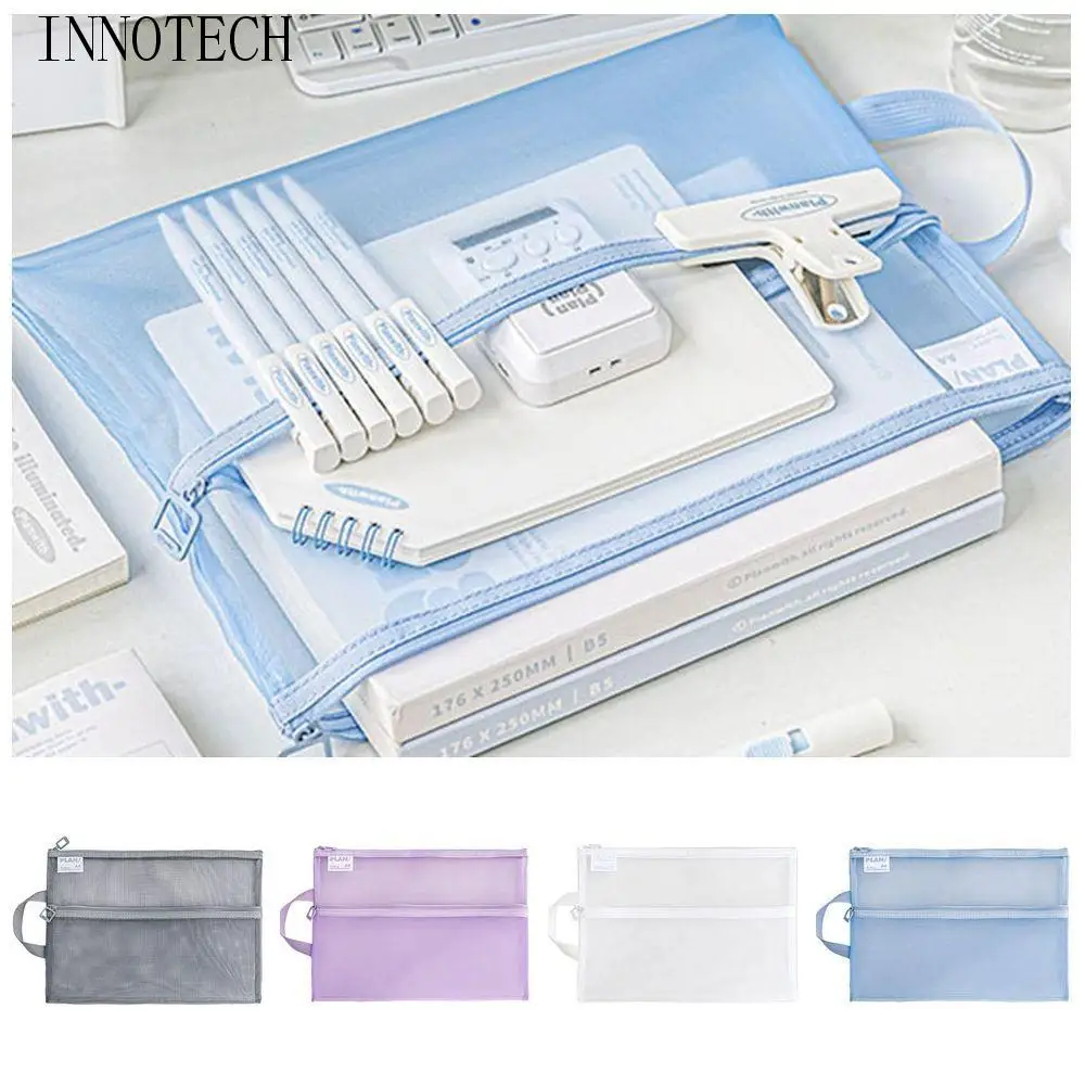 

Multifunctional Mesh Zipper Pouch Transparent Solid Color File Folder Bag Nylon Large Capacity File Pocket