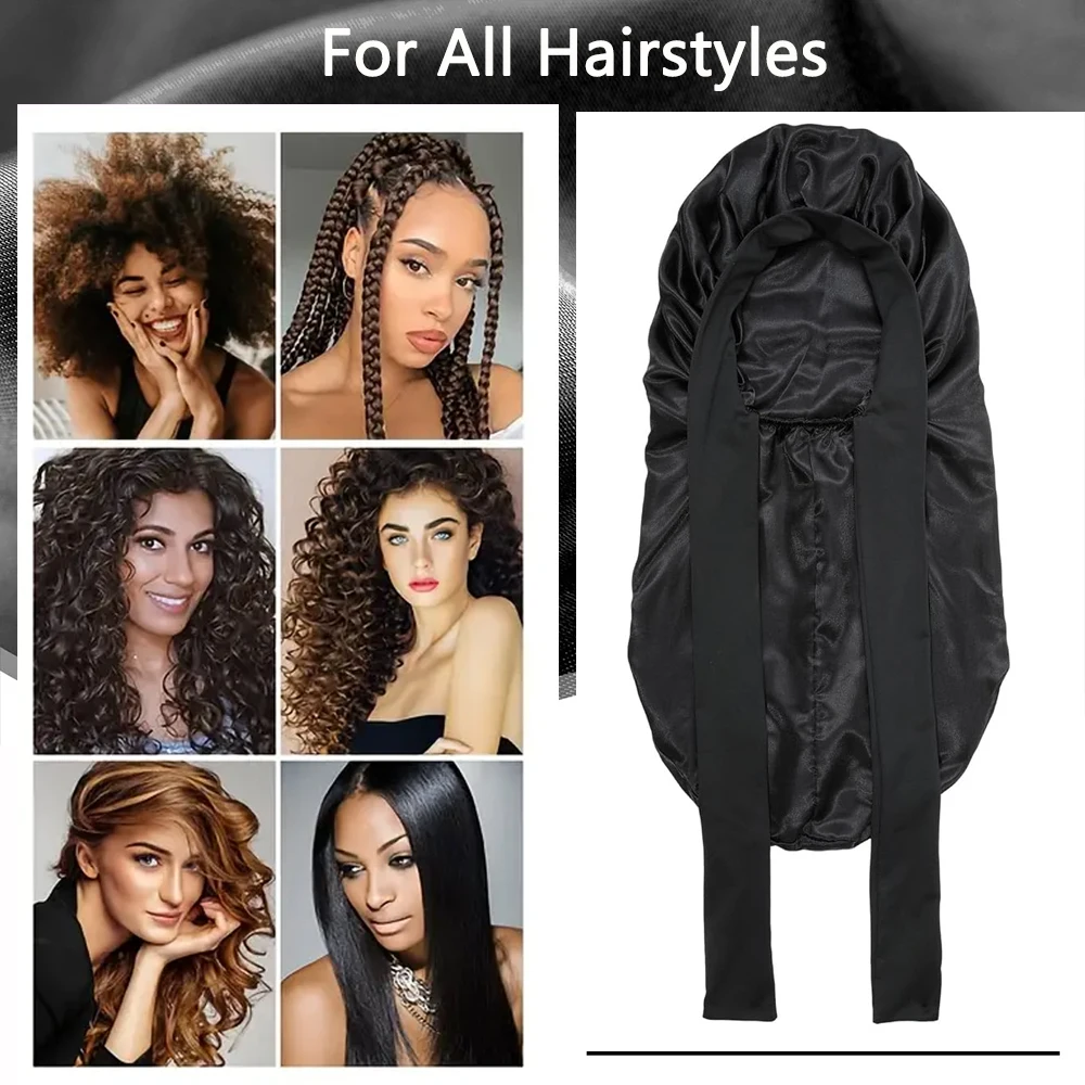 غطاء رأس من الساتان الناعم الحريري الطويل للشعر الطبيعي والشعر المجعد، قبعة شعر كبيرة الحجم جدًا مع ربطة عنق للنوم الليلي المريح