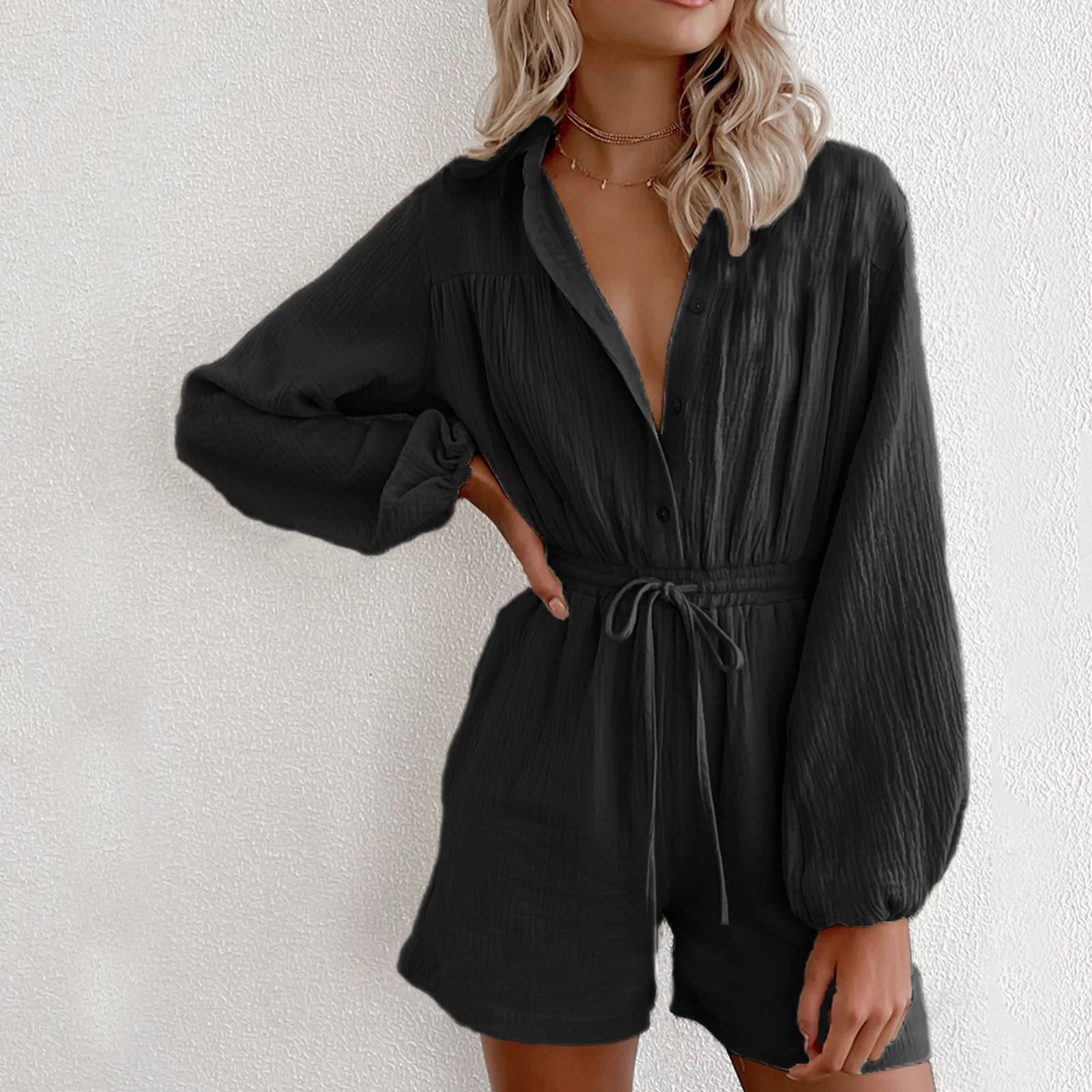 Women Fashion V-Neck Button Down Shorts Romper Summer Black White Cotton Linen Drawstring Playsuits Casual Lace Up Jumpsuits