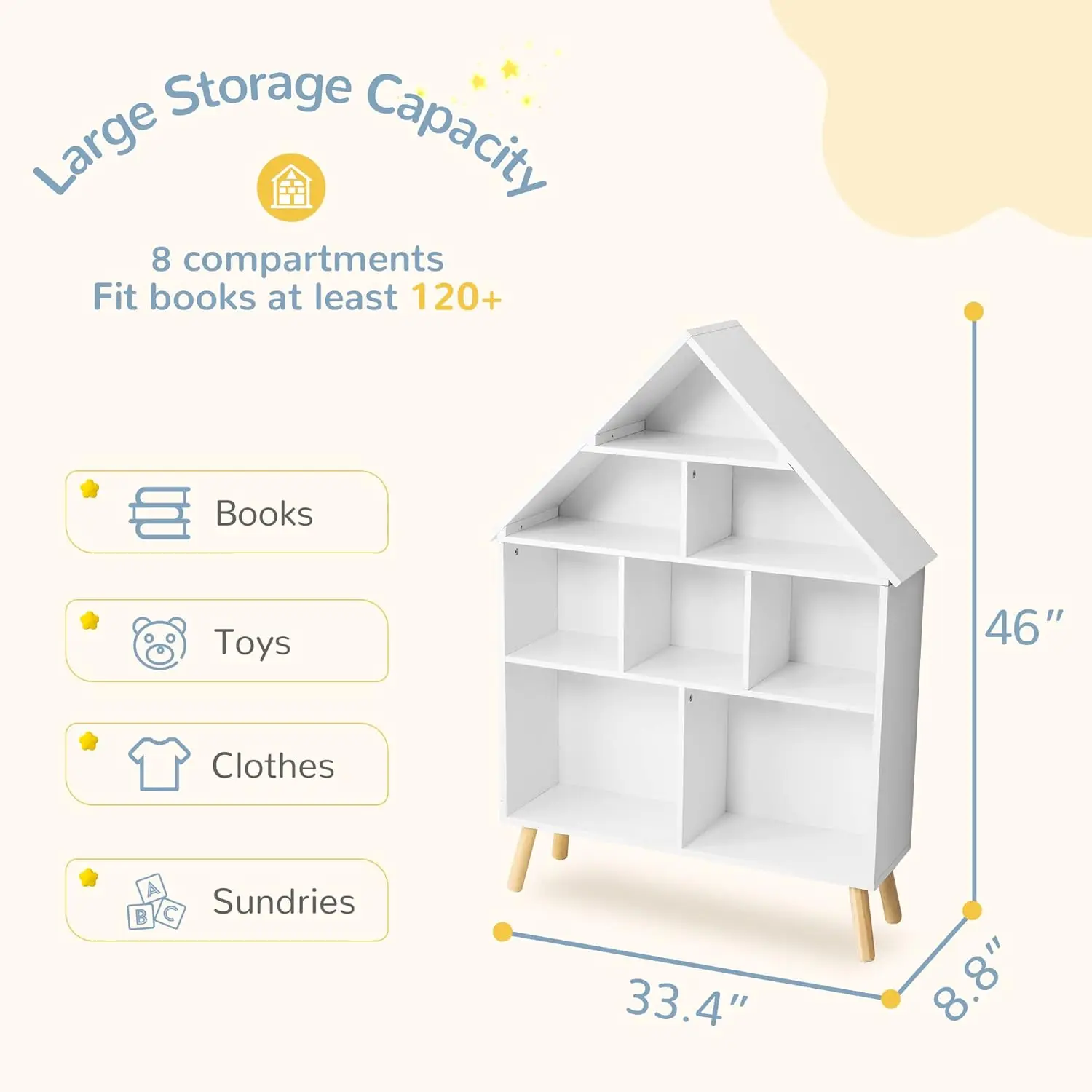 Kids Dollhouse Bookshelf and Baby Storage - Wooden Stand Dollhouse Bookcase with 4-Tier Storage Display Organizer