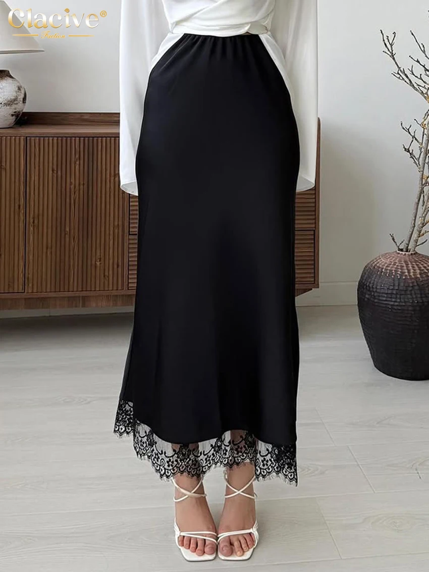 

Clacive Fashion Loose Black Women's Skirt 2026 Casual High Waist Ankle Length Skirt Elegant Lace Spliced Skirt Female Clothing