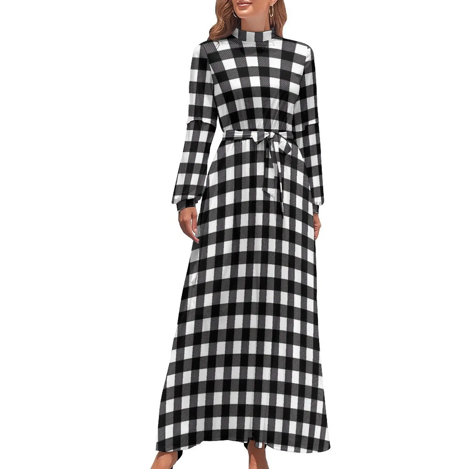 

Black White Plaid Dress High Waist Vintage Print Design Boho Beach Dresses Long Sleeve Stylish Long Maxi Dress Trendy Clothing