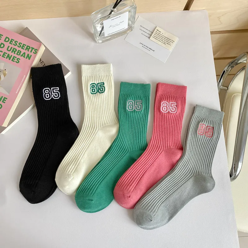 

High Quality Women's Socks Simple Solid Color Casual Cotton Sock for Women Girls Fashion Number Pattern Soft Sox 10 Pairs