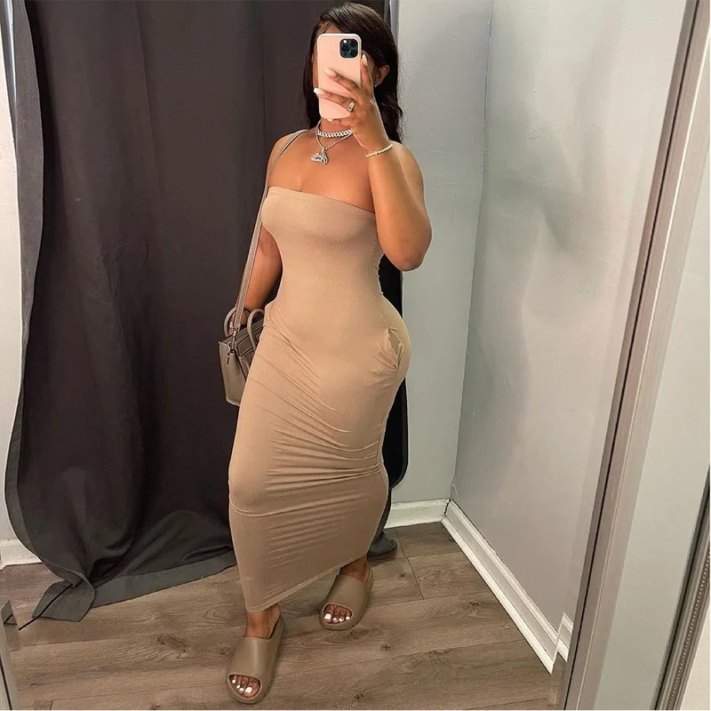 Sexy Tube Top Long Maxi Dress with Pockets Casual Summer Dresses for Women 2024 Oversized  Bodycon Dress Party Clubwear Dress