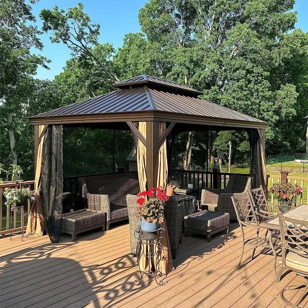 

10' x 12' Hardtop Gazebo Outdoor Aluminum Gazebos Grill with Galvanized Steel Double Canopy for Patios Deck Backyard,Curtains