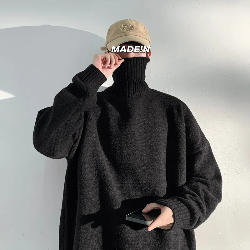

Autumn and winter men's high neck sweater with lazy style, thick and loose, handsome youth base coat, retro wool sweater