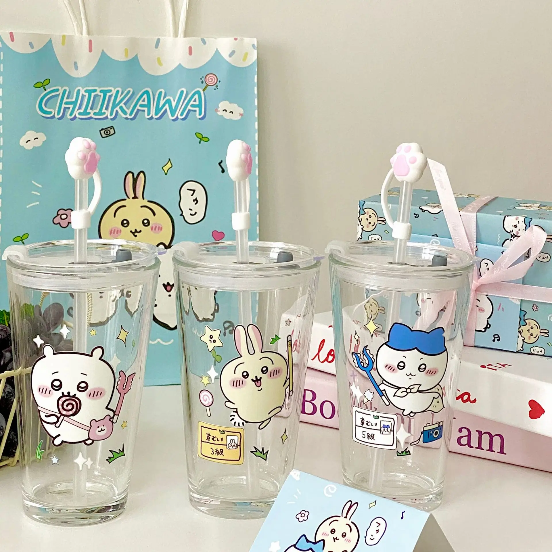 2024 New Chiikawa Transparent Glass Water Cup Hachiware Usagi Cute Couple Water Cups Holiday Gifts Birthday Gift Set