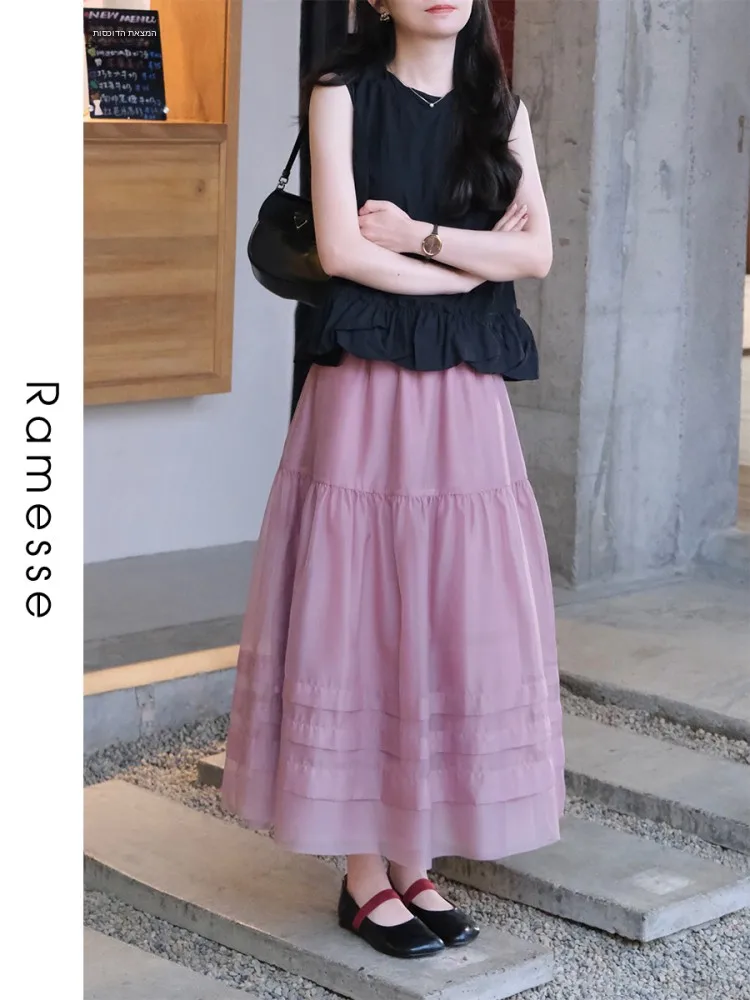 

Ramesse Perfumer's Mallow Purple Pleated Skirt Elastic Waist Midi Umbrella Skirt Casual Women's Fashion Spring 2026
