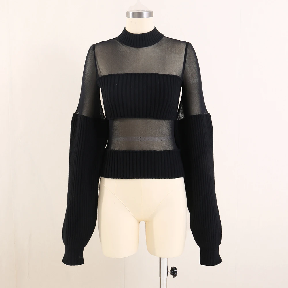 

100% Wool Women's T-Shirt Y2K Sheer Mesh Panel Elegant Commuter Versatile Half-High Neck Long-Sleeve Pullover Top 2025 Fall New