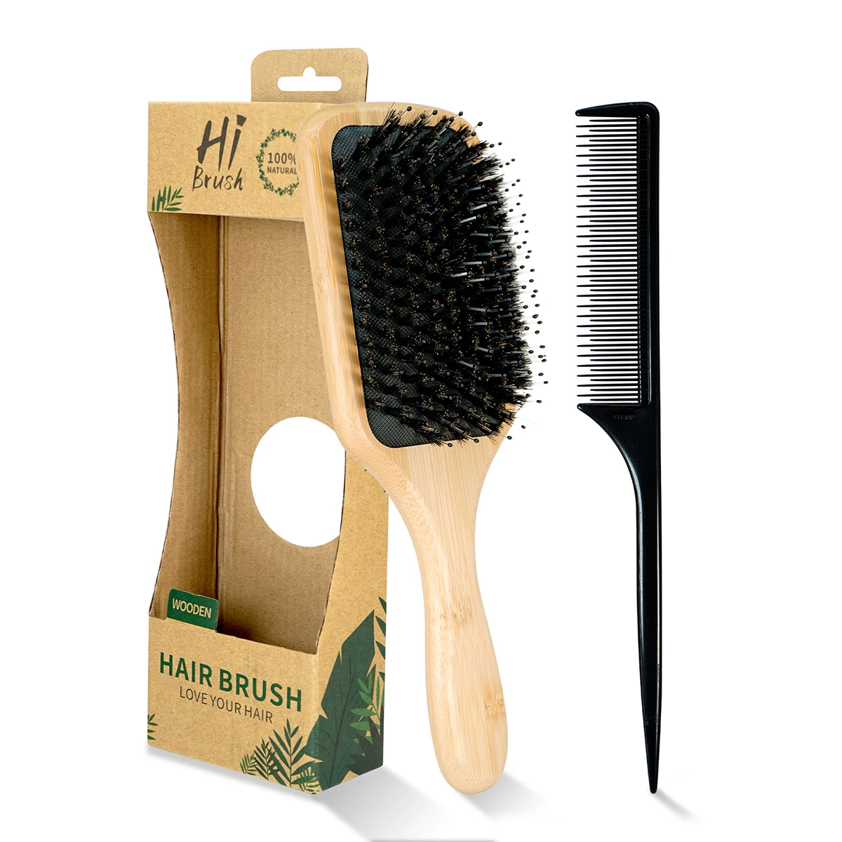 

2-in-1 100% Natural Wooden Hair Brush & Rat Tail Comb Set - Professional Bristle Brush for Detangling, Scalp Massage & Hair Care
