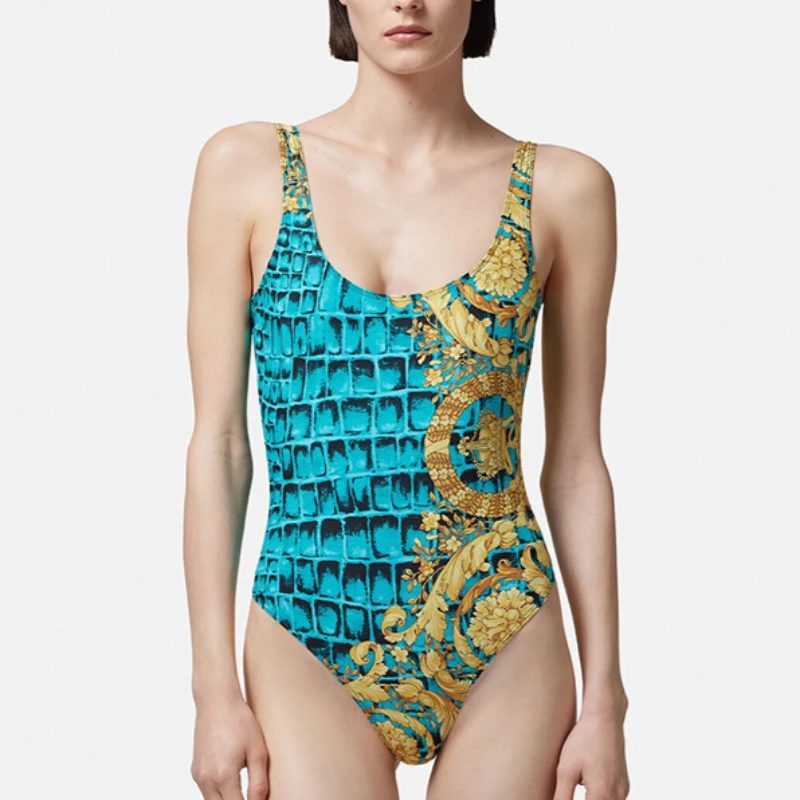 Luxury Design Women's One-piece Swimsuits Crocodile Retro Flower Pattern Sexy Camisole Swimwear Fashion Brand Women's Beachwear