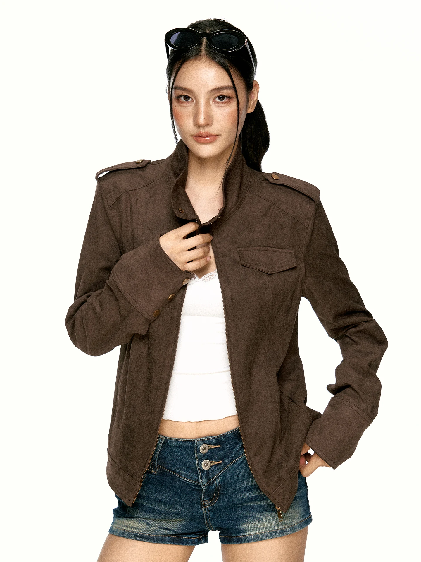 Aaisup American Retro Suede Short Jacket Women's Autumn Design Sense Shoulder Strap Versatile Slimming Zipper Jacket