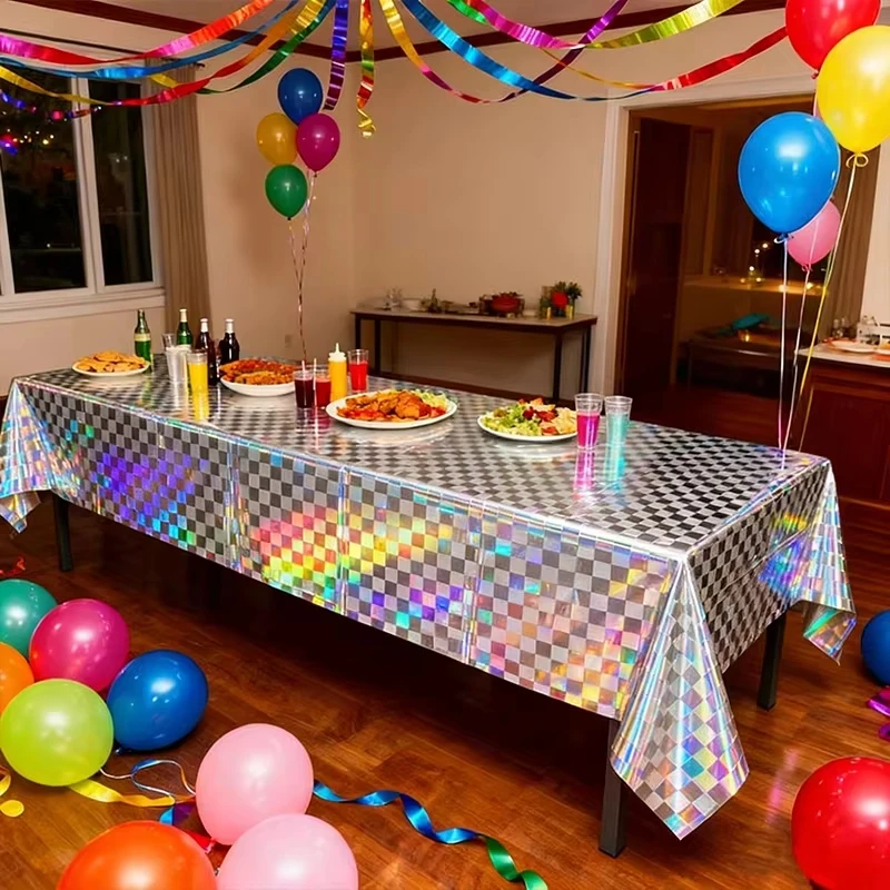 Lila Laser-Tischdecke, glitzernde Geburtstagsdekoration, Hochzeitsfeier, rosa Aluminiumfolie, große Tischdecke, Partyzubehör für Babypartys – Detail 5