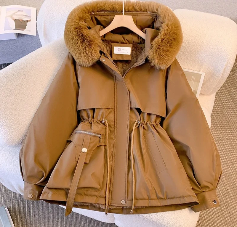 양털 안감 후드 다운 재킷 여성용 겨울 코트 따뜻한 드로스트링 패딩 파카 한국 캐주얼 스트리트웨어