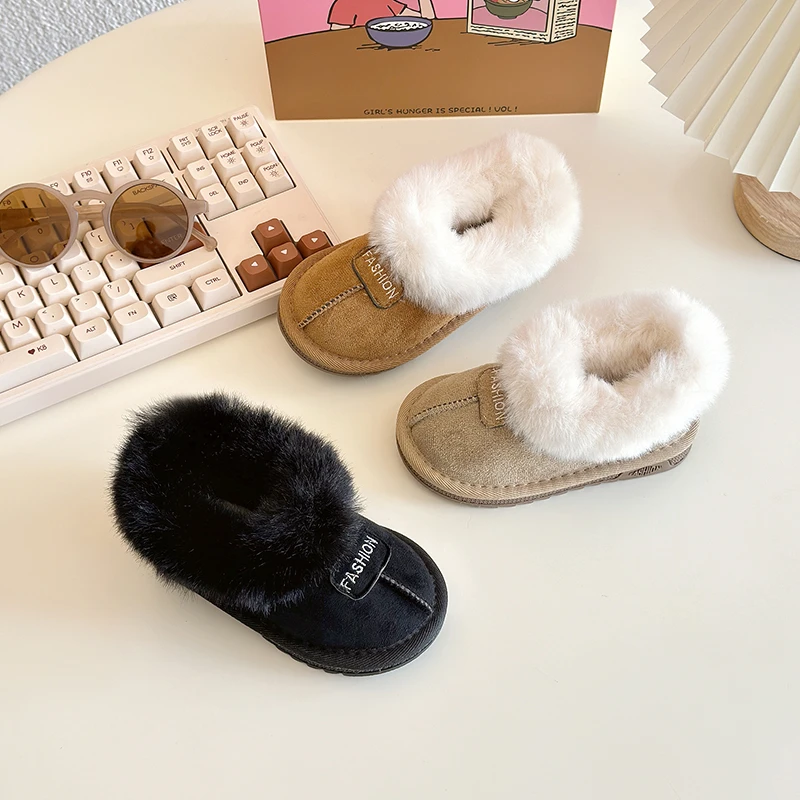 

Fluffy Girl Snow Boots Soft Bottom Kids Winter Boots Causal Versatile Outdoor Warm Children's Fashion Cotton Shoes Solid Color