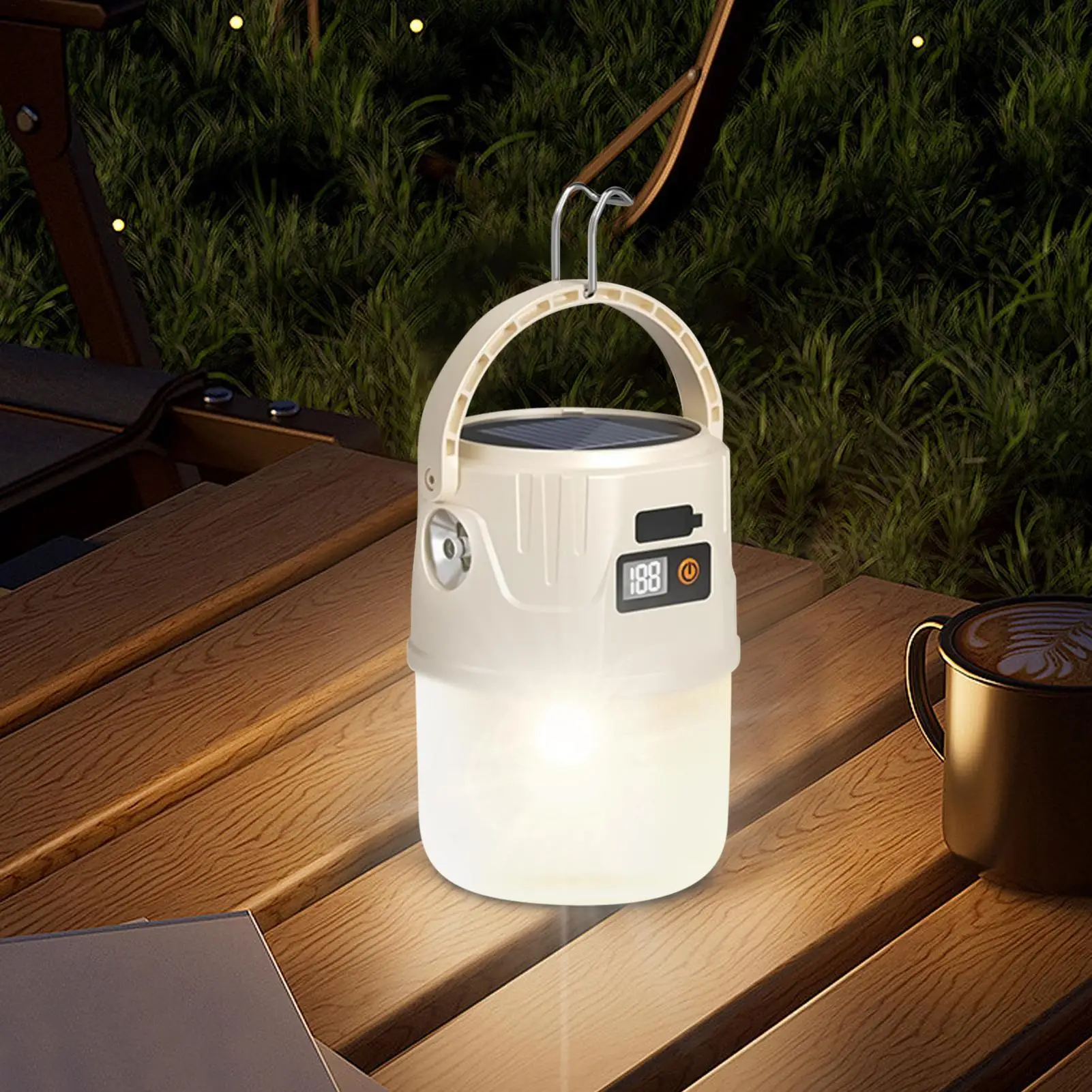 

LED Camping Lantern Camping Flashlight Survival Gear With Hook 2 Modes Battery Display Solar Panel Tent Lamp For Outdoor Hiking