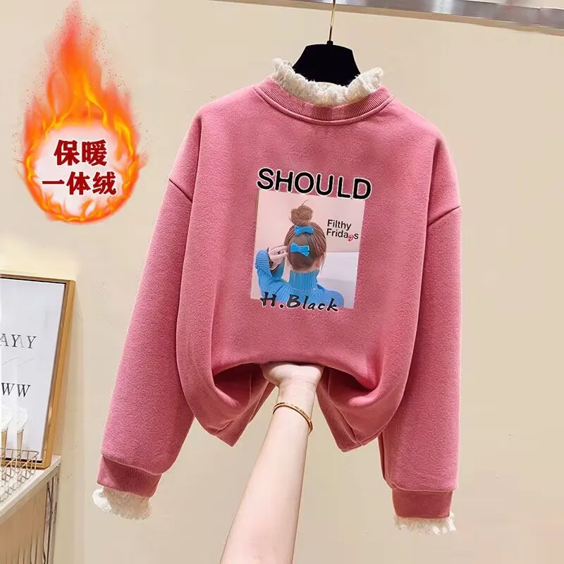 

2025 Women's Hoodies Korean Style Autumn Winter Lace Patchwork Fleece Hoodie Female Pullovers Tops Student Casual Sweatshirt