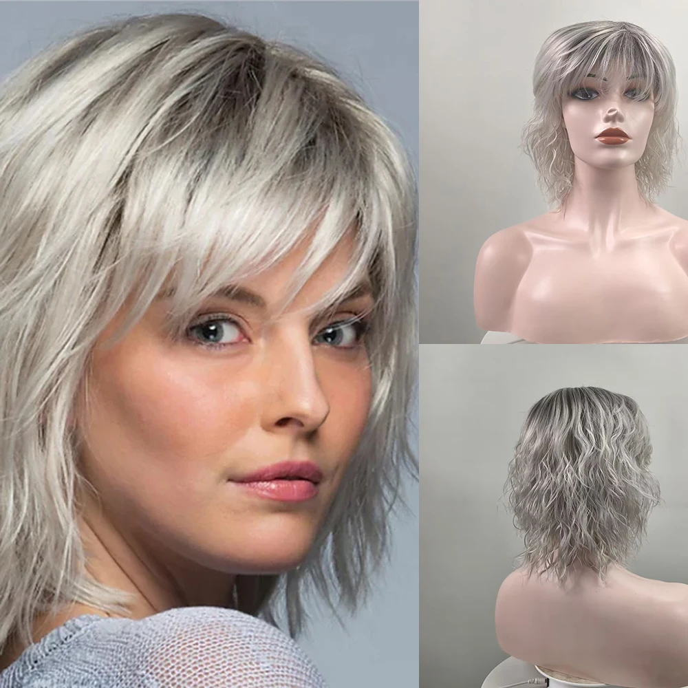 HAIRJOY ​​Syntetyczna szara peruka dla białych kobiet Krótkie kręcone peruki do codziennego użytku na imprezach
