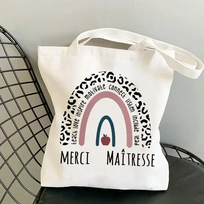 

Merci Teacher French Print Women Canvas Shopping Bag Women's Shoulder Bags Pattern Harajuku Shopping Girl Handbag Teacher's Gift