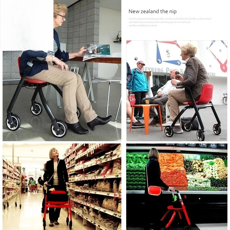 Elderly Walking Aid Wheeled Elderly Crutch Stool Walking Aid Trolley Lightweight Folding