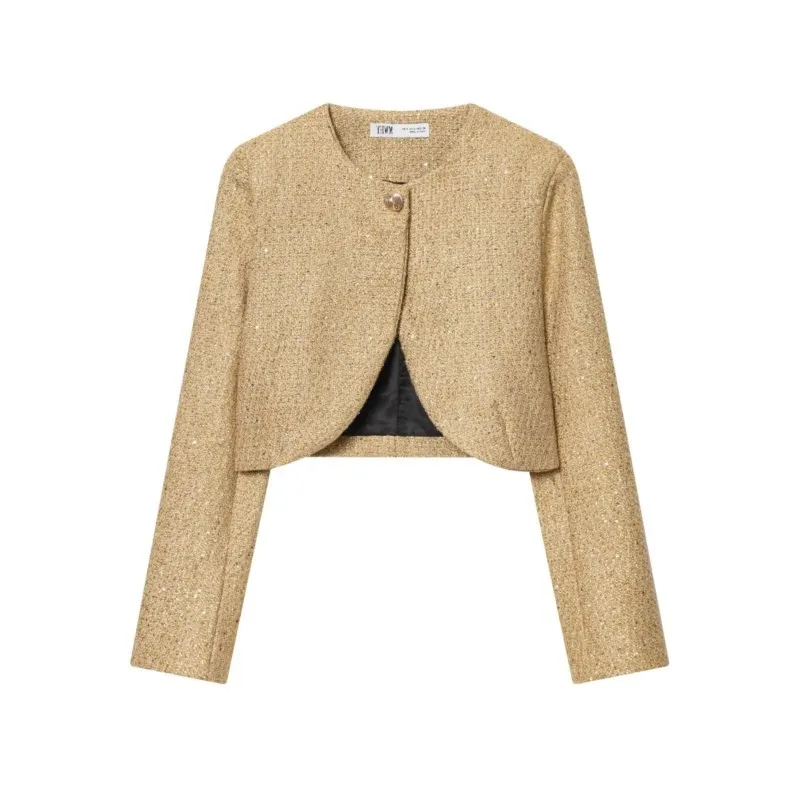 

Women's Metallic Wire Structure Short Jacket Autumn Round Neck Long Sleeved Single Button Coat Casual Fashion Female Tops