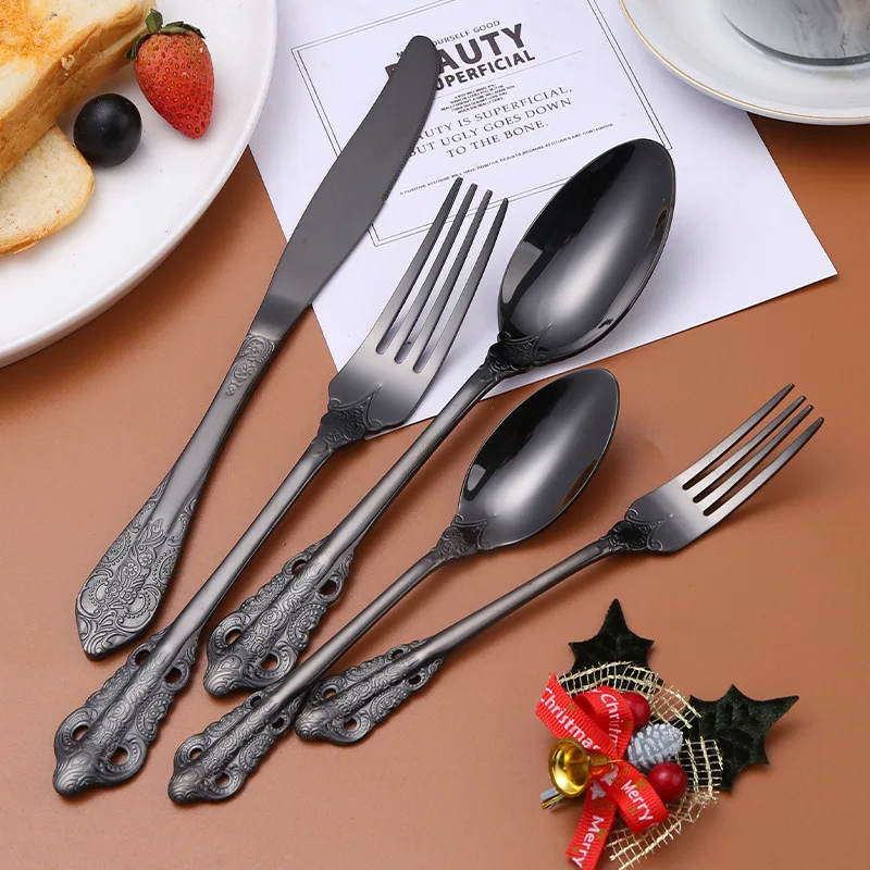 

20/30pcs Stainless Steel Royal Dinnerware Set Black Cutlery Fork Knives Tea Spoon Western Tableware Flatware Dishwasher Safe