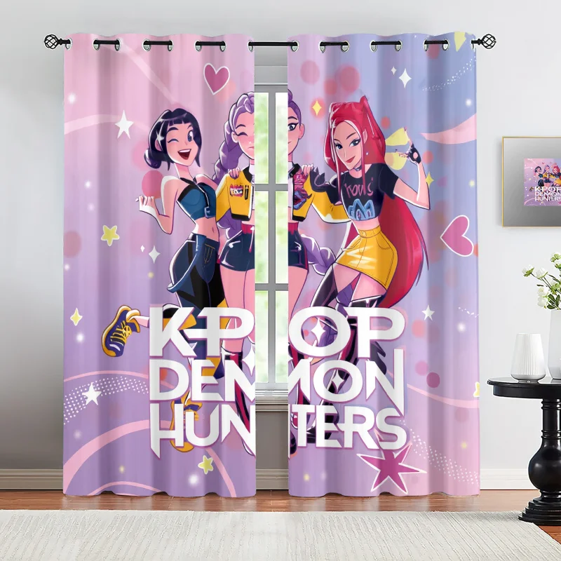 2pcs Hasbro Kpop Pink Purple Blackout Curtains Light Blocking Anime Girls Print Grommet Window Drapes For Bedroom Living Room