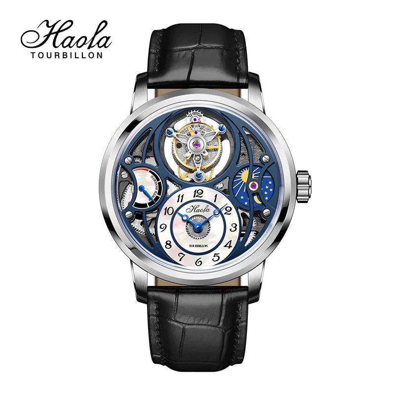 

Мужские часы Haofa с турбийоном и фазой Луны, полые механические часы с летающим турбийоном для мужчин, функция запаса хода 1939