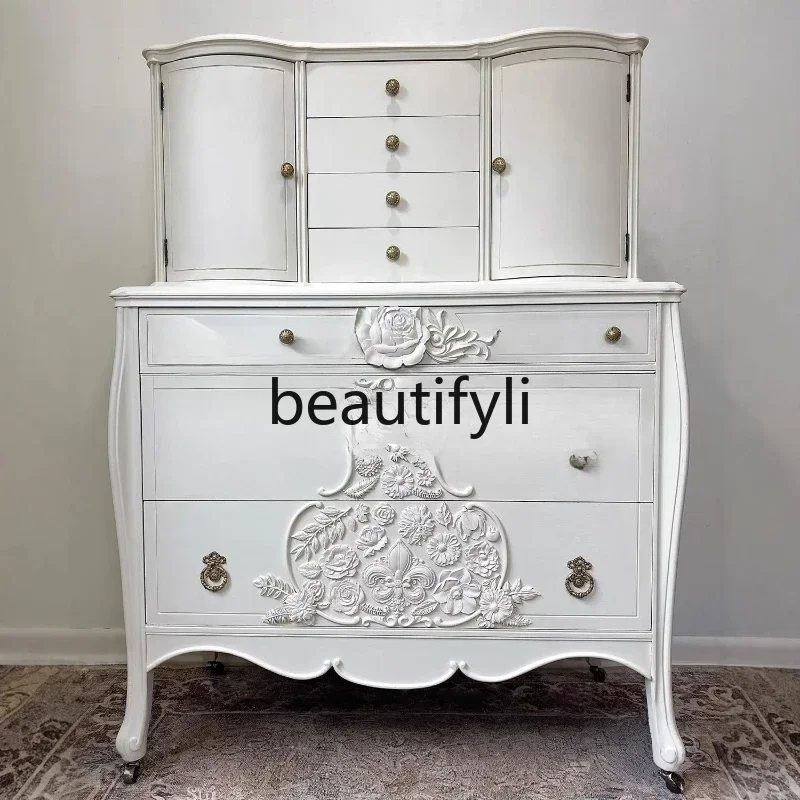 

yj57 French Retro White Chest of Drawers Living Room Solid Wood Carved Decoration Dressing Storage Cabinet Drawer Cabinet