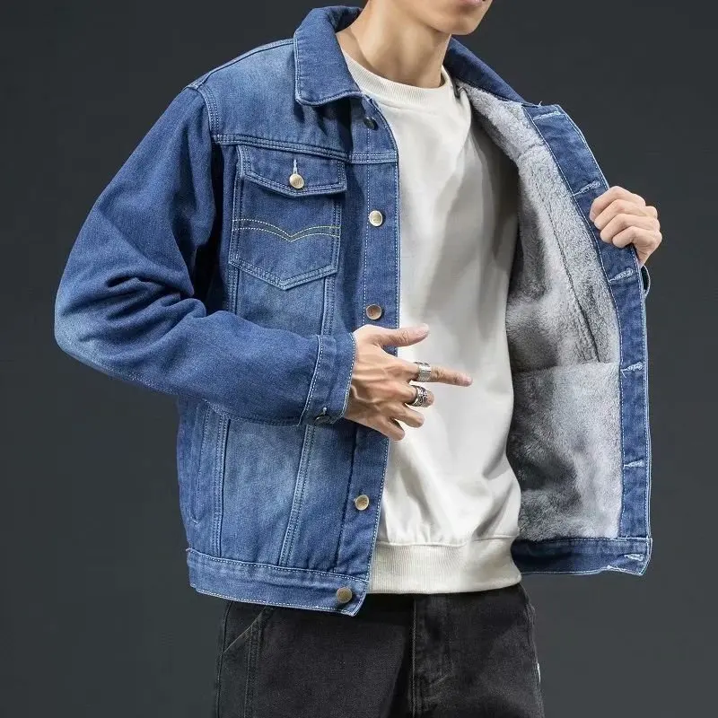 Herren Fleece-Gefütterte Jeansjacke Winter Dicke Warme Sherpa-Jeansjacke Koreanischer Stil Lose Übergroße Arbeitskleidung Lässige Oberbekleidung für Männer – Detail 2
