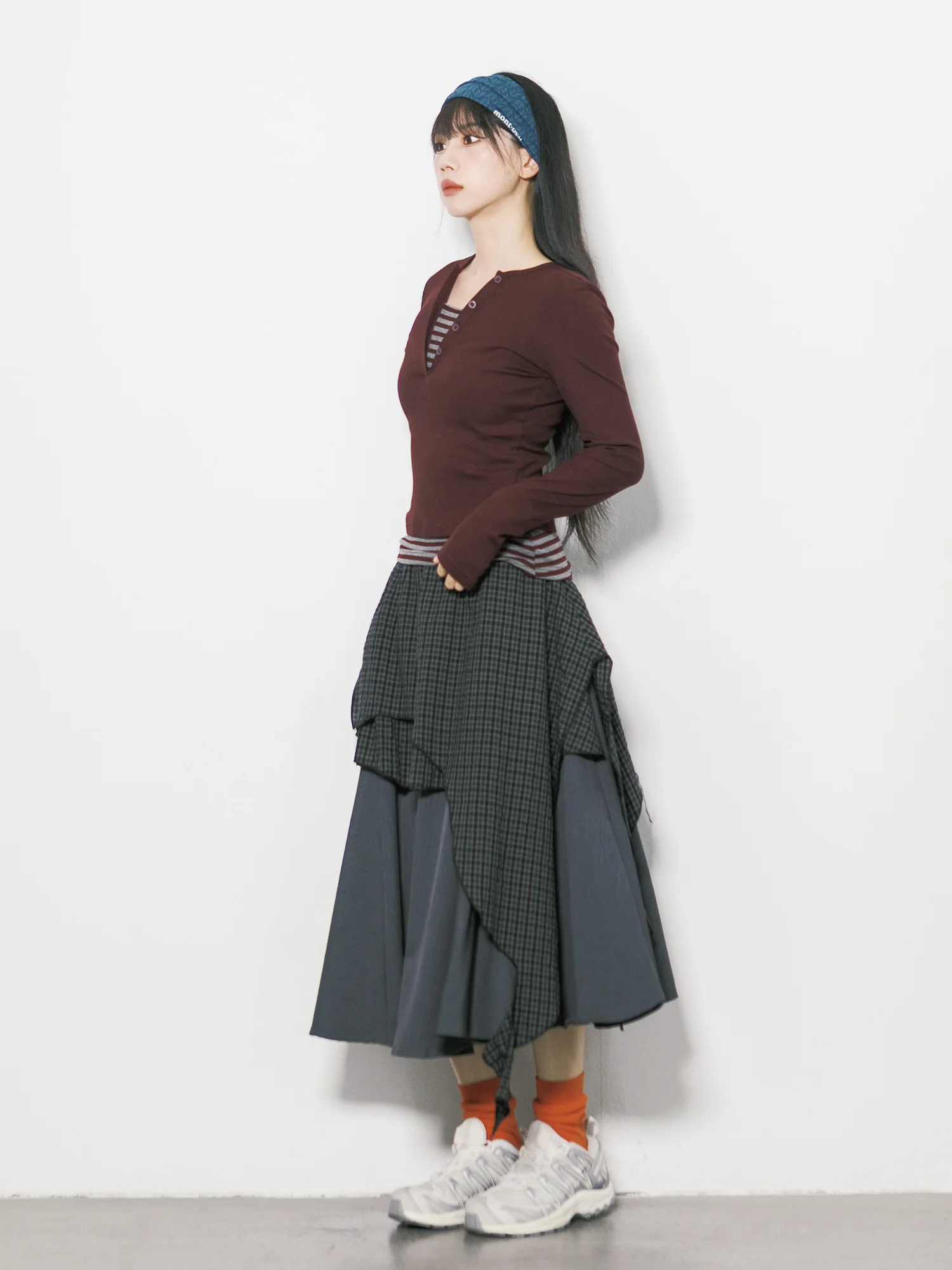 RCDB Korean Retro Plaid Asymmetrical Splicing Double Layer A-Line  Skirt Women Casual Mid-Length Skirts City Walk