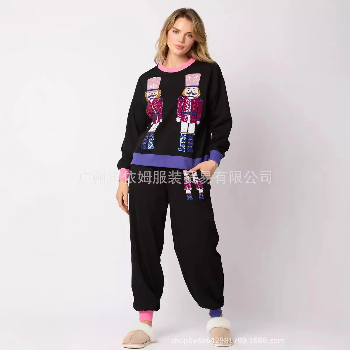 Women'S Christmas Nutcracker Sequins Hoodie Two-piece Set Color Blocked Fashionable Casual Pajamas Party Sweatshirt