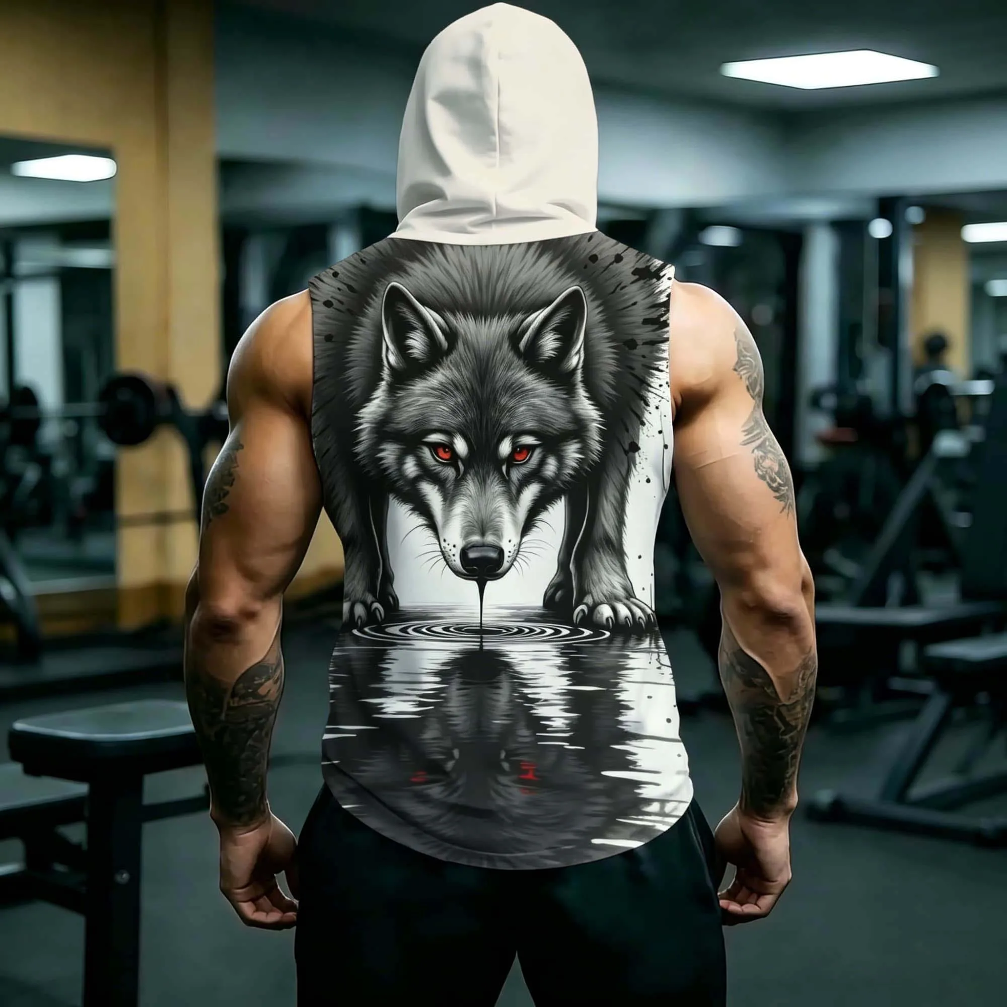 Daily Hip Hop Outfit Sleeveless Hooded Singlet Men 3D Splash Ink Wild Wolf Reflection Full Print Lightweight Gothic Streetwear