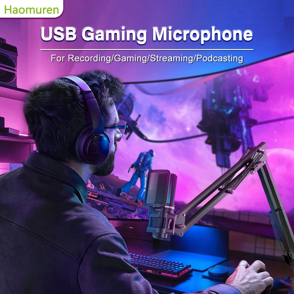 

Микрофон Zealsound для записи RGB с шарнирным рычагом, конденсаторный USB-микрофон со штативом для игр, трансляций и Youtube