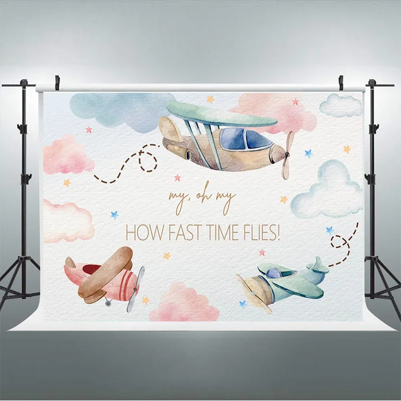 Vintage samolot przygoda temat płeć odsłonić fotografia tło różowe lub niebieskie chmury tło tort na przyjęcie brzuszkowe stół Banner
