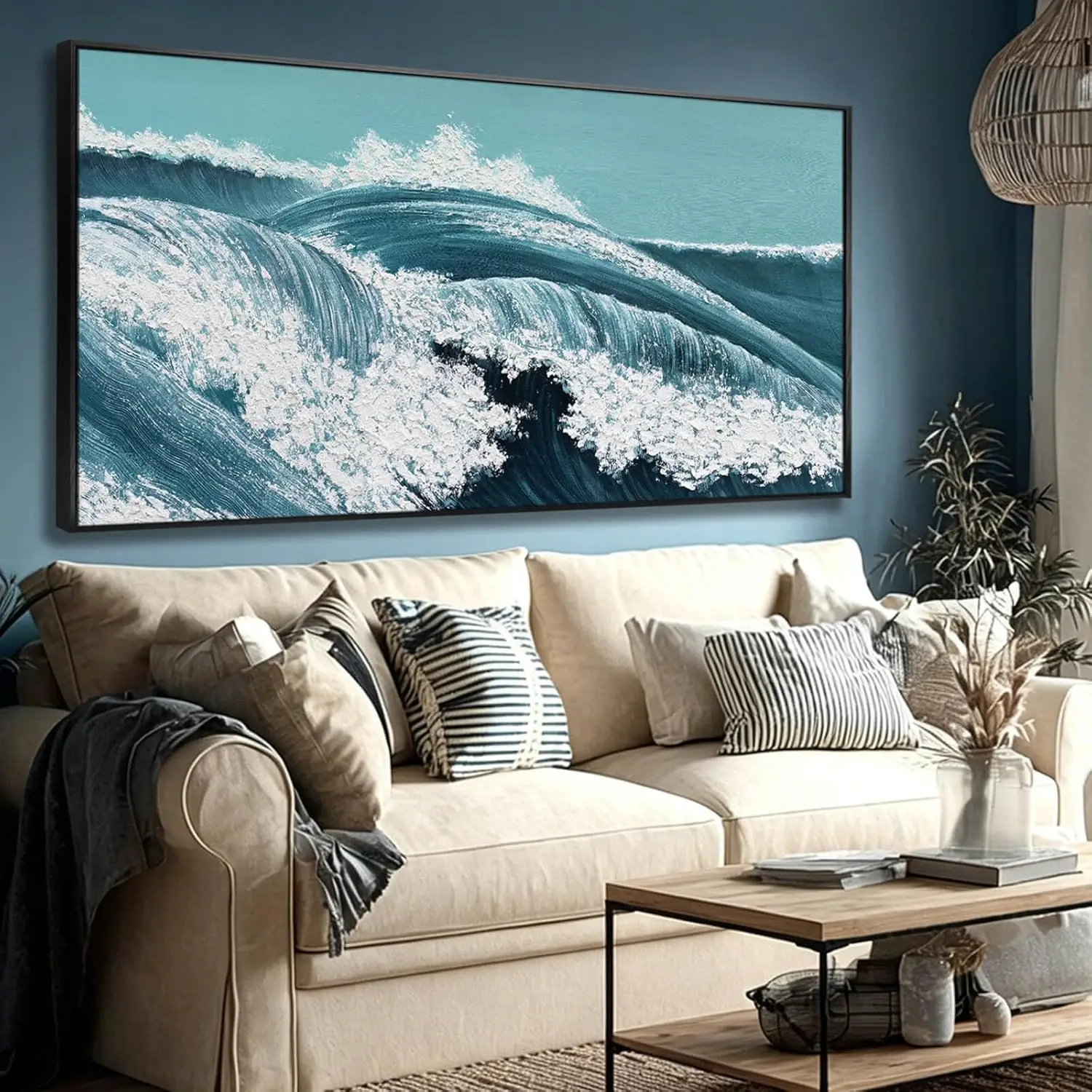 

Large Ocean Wave Wall Art, Blue Seascape Horizontal Decor, 24x48 Neutral Print for Living Room