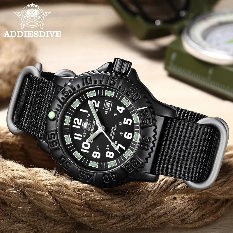 ADDIESDIVE 2023 Men\'s Sports Watch Military Sports Luxury Rotating Bezel Luminous Watch Nylon Strap 50m Waterproof Quartz Watch