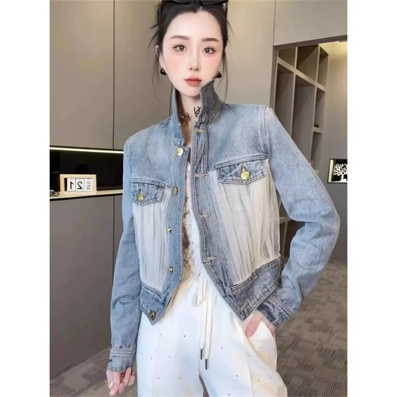 

Fashionable Design Denim Jacket For Women Mesh Splicing Retro Casual Denim Top coat Spring And Autumn Jeans Jacket Female