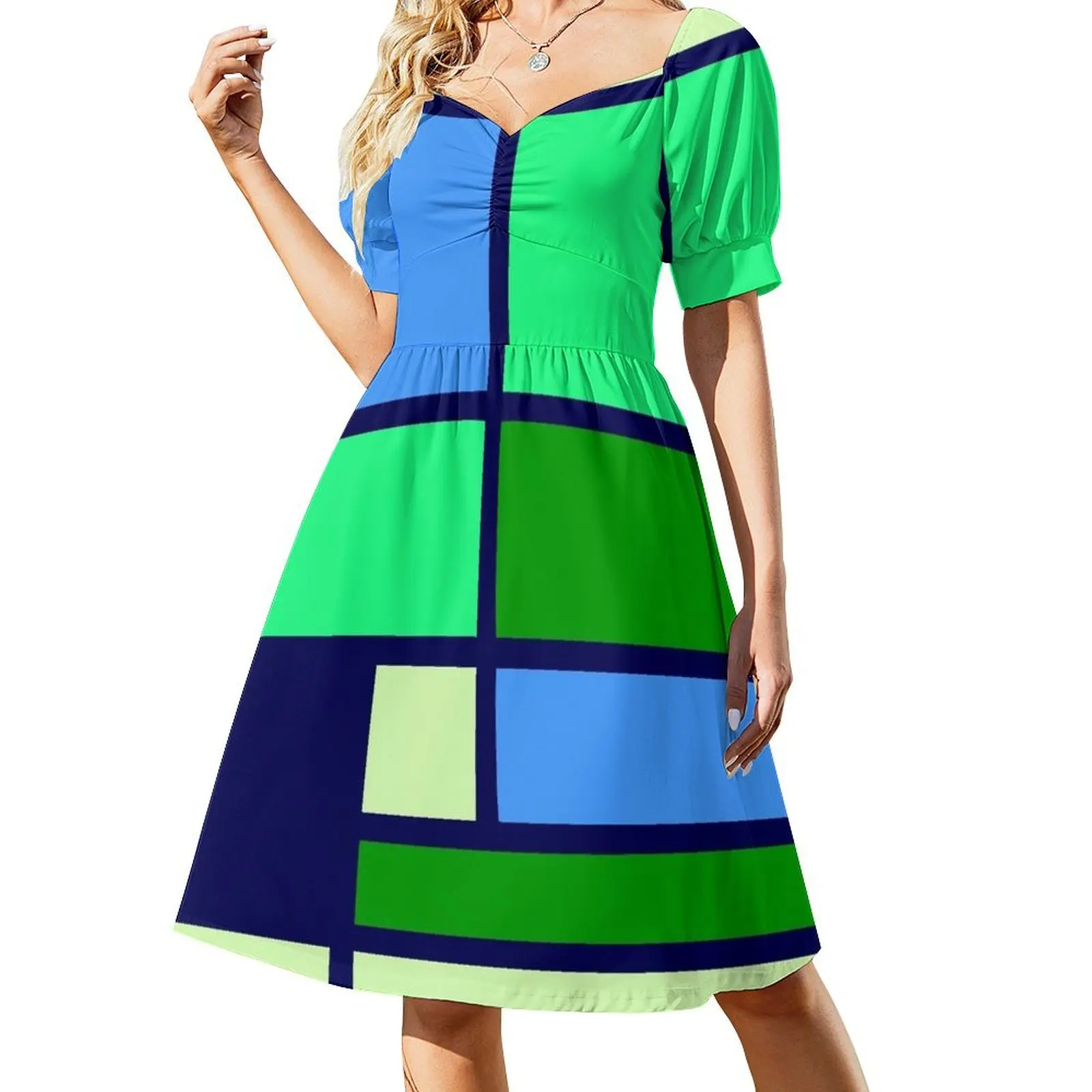 

Mondrian style design blue green Short Sleeved Dress Dresses for wedding party cute dress long dress women