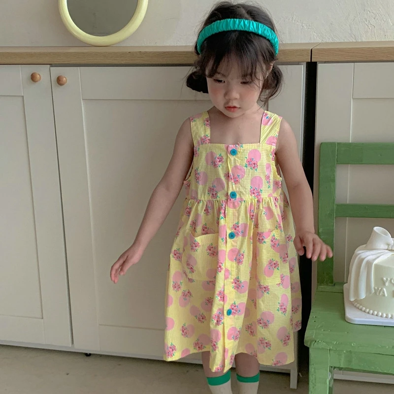 Summer Girls Cotton Dresses Front Button Cute Princess Dress Suspender Vestidos Children'S Clothing Girls Fashion Kids Outfit