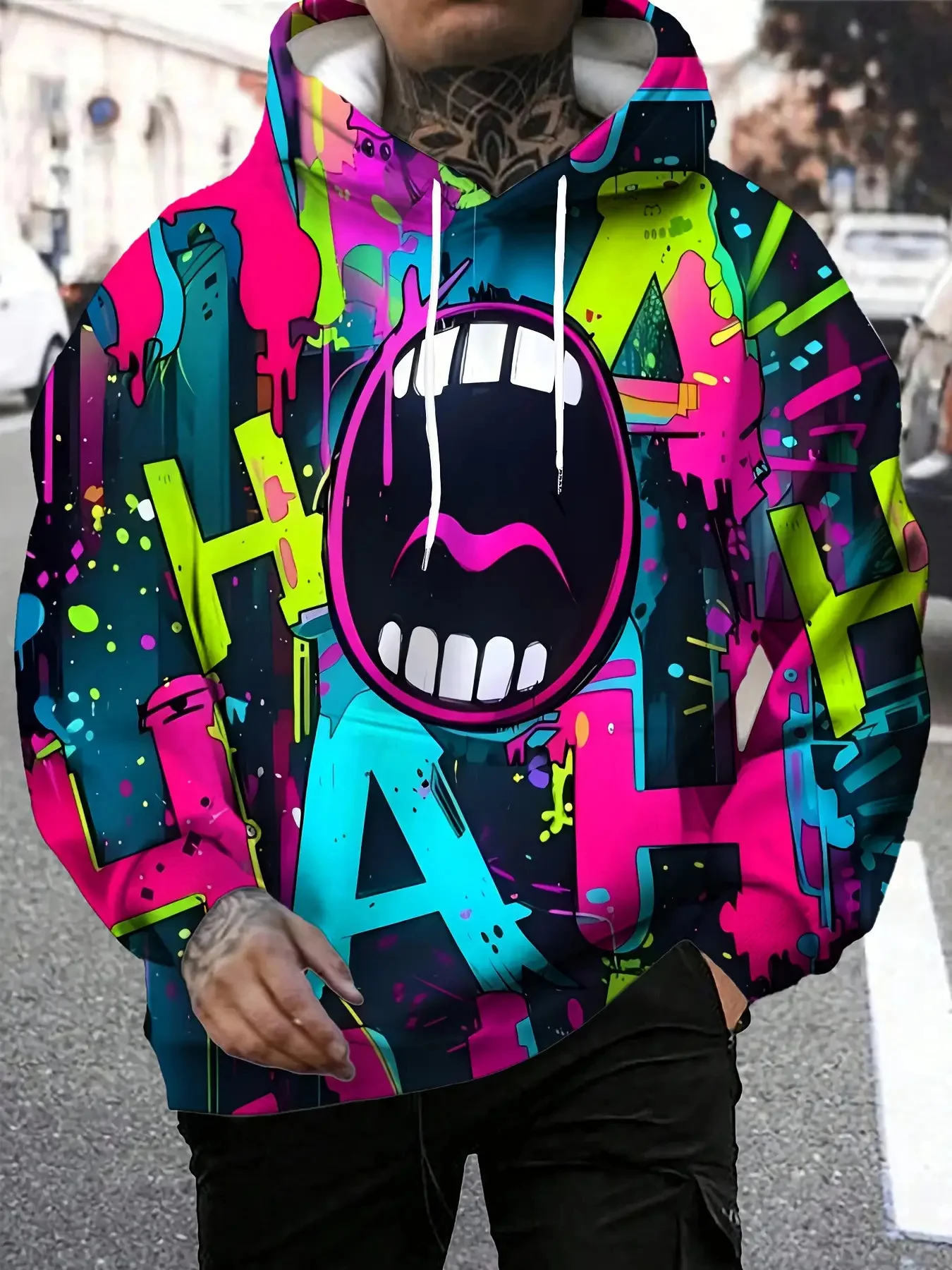 Men Black Base Neon HAHA Letter Big Mouth Graffiti Splash Print Drawstring Hoodie With Pocket