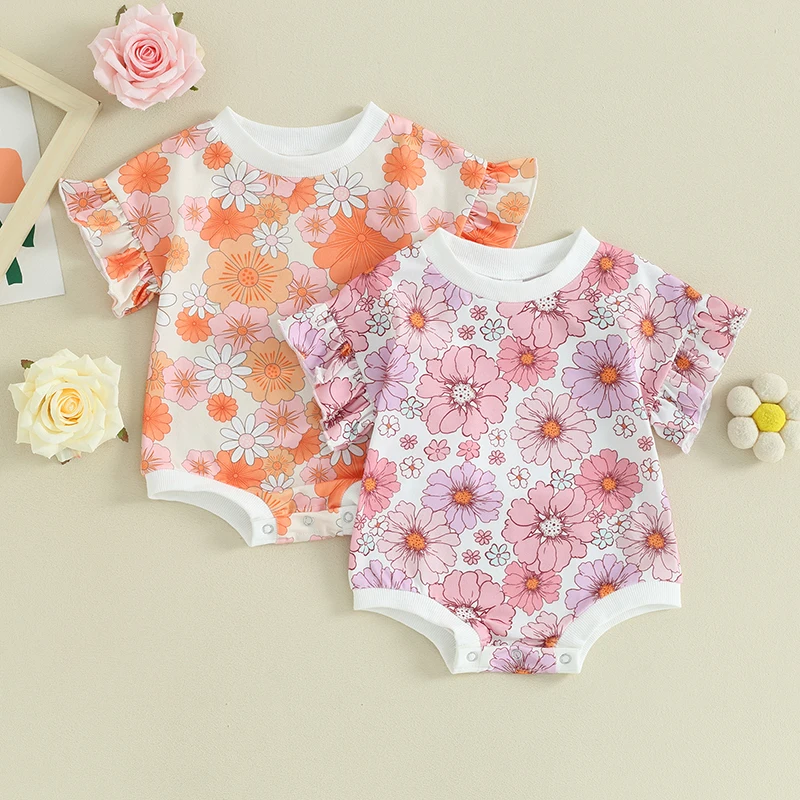 

Baby Girl Flower Romper Cute Round Neck Short Sleeve Frill Trim Jumpsuit Infant Toddler Girl Summer Clothes