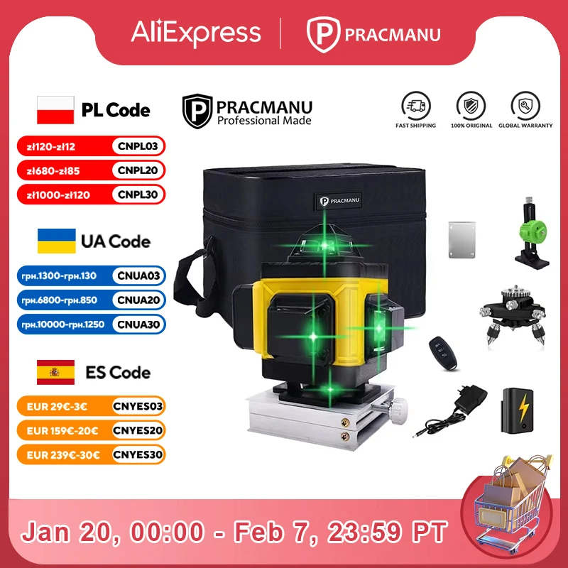 Pracmanu 16 Lines 4D Laser Level Horizontal & Vertical Cross Line Green Beam 360° Self-Leveling Laser Level with Remote Control