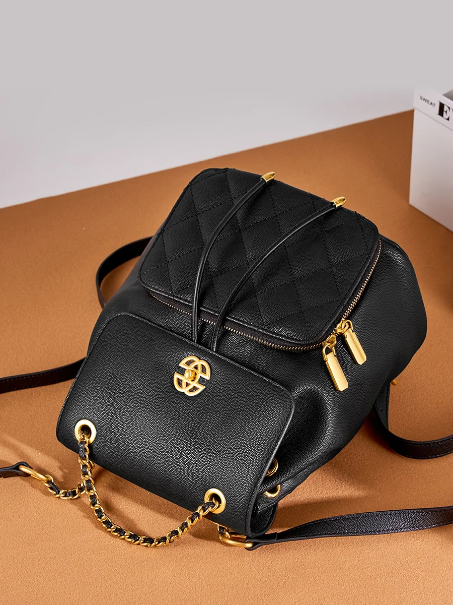 Genuine leather backpack cowhide women\'s bag metal chain backpack portable small backpack soft leather feel new style bags