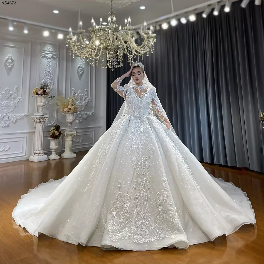 Customized Sparkly Lace Wedding Dress Beaded Bodice Long Sleeves Puffy Ball Gown Bridal Dress Amanda Novias Official