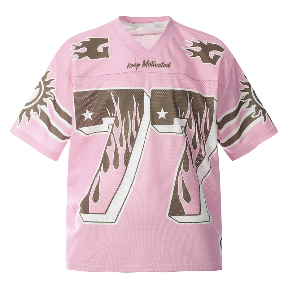 Vintage Mesh Jersey Pink Oversized T-Shirt Y2K Flame Graphic Printed Sport Fashion Tshirt Hip Hop Harajuku Casual Top Streetwear