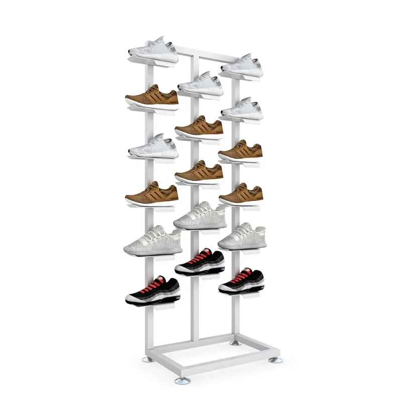 Custom. fashion shoe spinning racks design iron white multi floor retail shoes shop display stand shelves